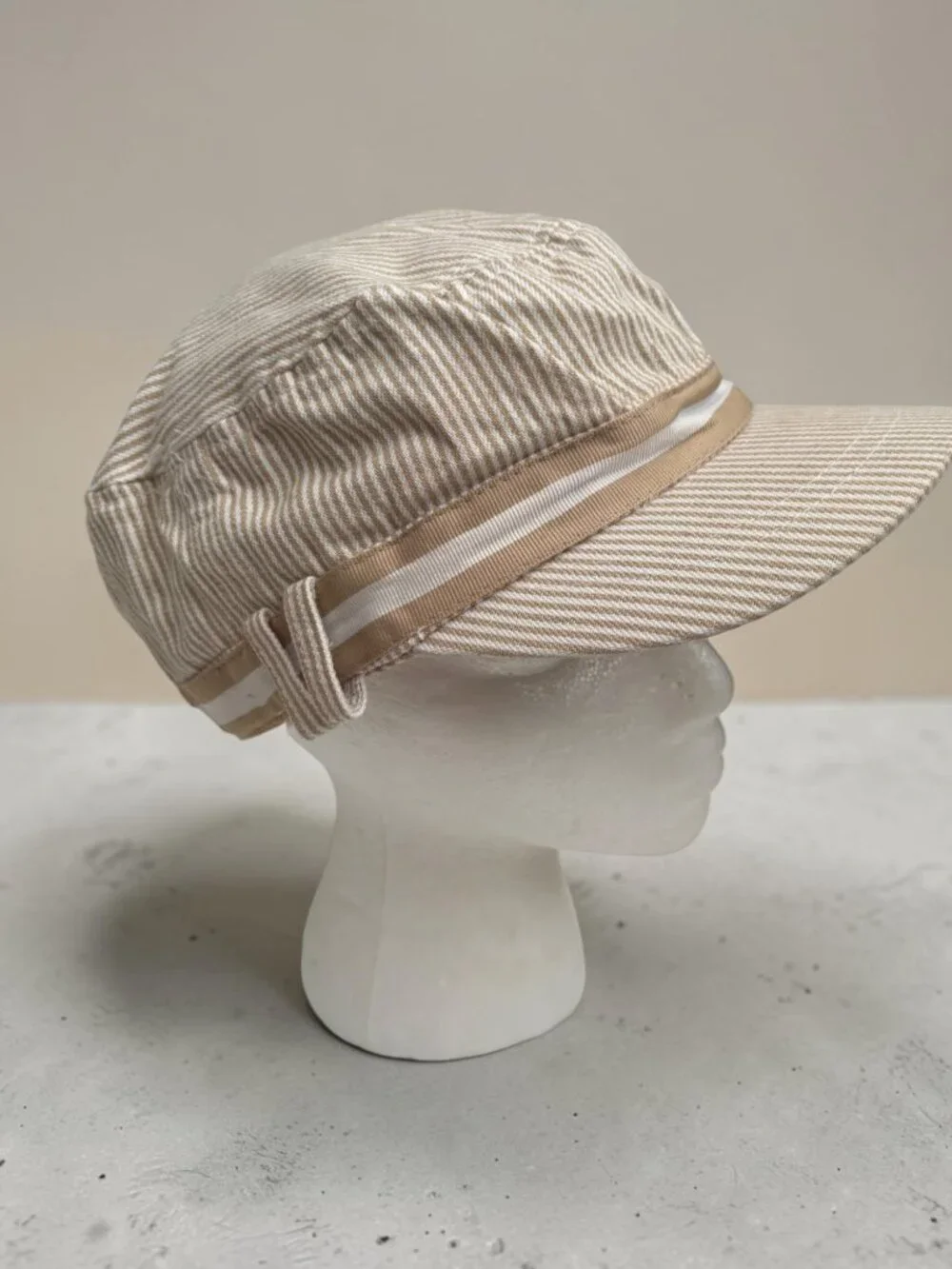 Striped Beige Cotton Blend Cap With Band & White Ribbon Trim OSFM